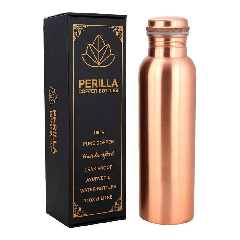 Perilla Home Pure Copper Water Bottle 34 Oz Leak Proof 100% Pure - Ayurvedic Copper Vessel - Drink More Water And Enjoy The Health Benefits Immediately - For Gym, Yoga Bottle (Plain) - Image 1